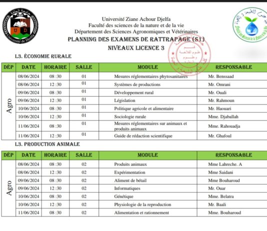 Département de la Sciences d’agronomie- Planning des Rattrapages S1