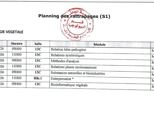 Planning des rattrapages : master 2 Biologie (S1)